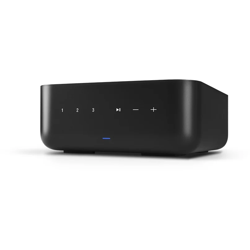 Denon Home Amp Amplifier Black compact audio amplifier/streamer with front panel labeled 1, 2, 3, play/pause, minus, plus, and blue led.