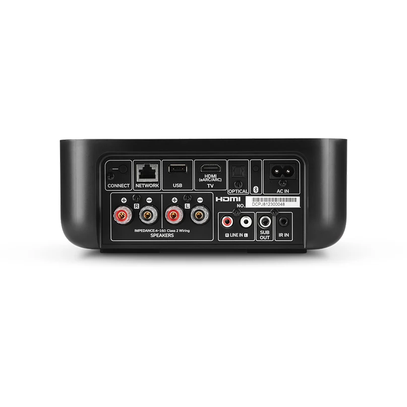 Denon Home Amp Amplifier Back panel of a black home theater receiver with hdmi, optical, usb, network ports and speaker binding posts.