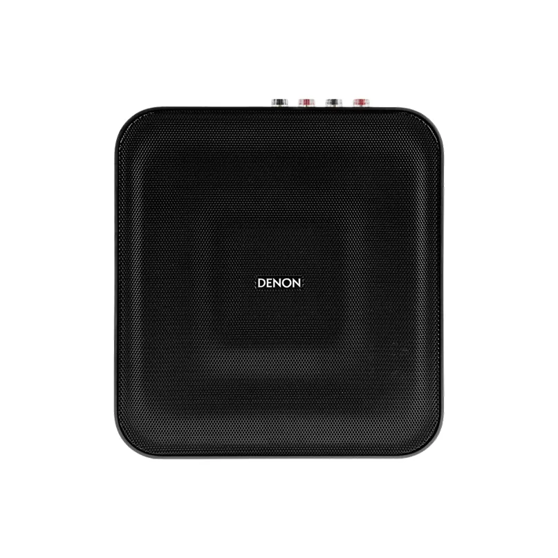 Denon Home Amp Amplifier Denon compact square speaker with perforated grille and top controls.