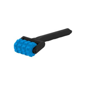 Handheld massager with blue knobby roller head.
