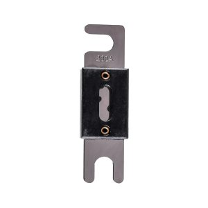 200A blade-type electrical fuse holder with black housing, vertical viewing window, and curved mounting blades at top and bottom.