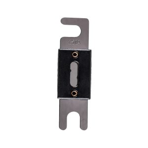 250A blade-style electrical fuse holder with black housing and top and bottom metal contact blades.