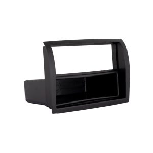 Black plastic car stereo dash bezel with rectangular opening and integrated lower storage tray