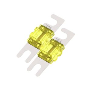 Pair of yellow translucent automotive fuse blocks on a white carrier, each rated 100A.