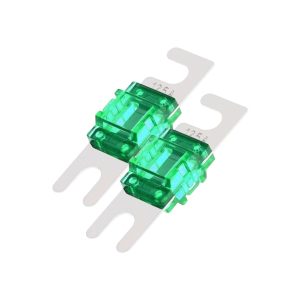 Pair of green translucent automotive blade fuses on white mounting strips, each marked 12.5A.