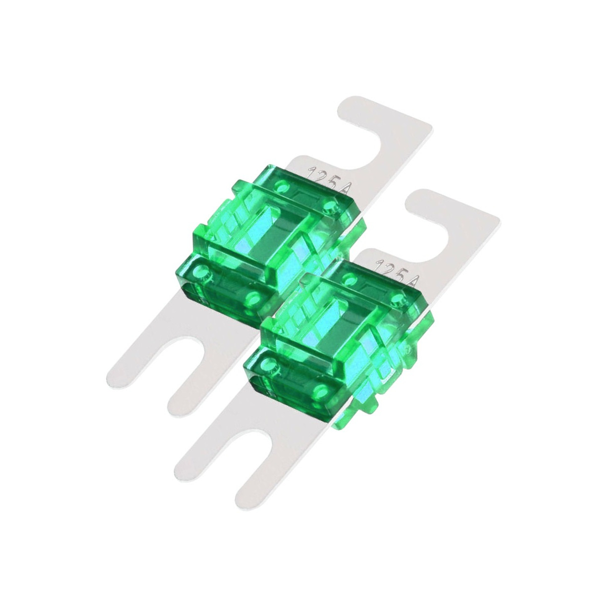 Auto-Connect Fmanl125A Pair of green translucent automotive blade fuses on white mounting strips, each marked 12. 5a.