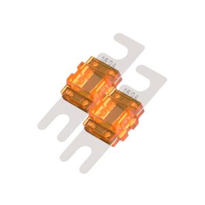 Two orange translucent automotive blade fuses with 15A rating on metal mounting strips.