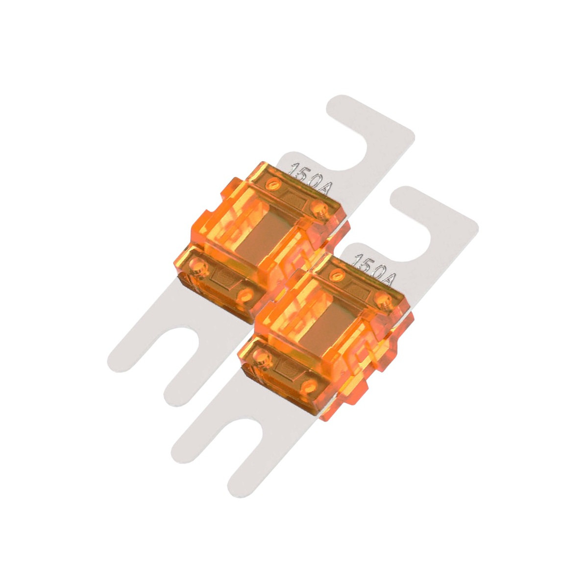 Auto-Connect Fmanl150A Two orange translucent automotive blade fuses with 15a rating on metal mounting strips.