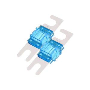 Two blue translucent automotive blade fuses (15 A) mounted on metal strips.
