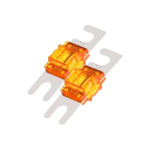 Two orange translucent automotive blade fuses mounted on metal strips, 40A each.