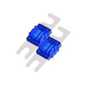 Two blue translucent plastic electrical connectors with ribbed housings and metal contact blades.