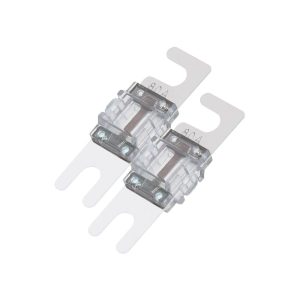 Dual inline fuse holder with clear housings and blade terminals, holding two 5x20mm fuses rated 10A.