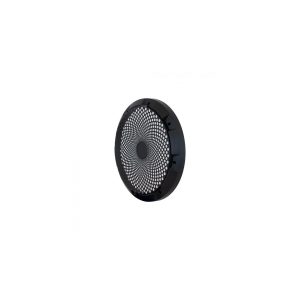 Round black speaker driver with perforated metal grille, central dust cap.