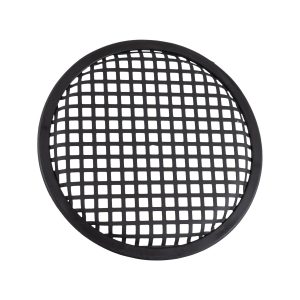 Round black plastic drain strainer with square grid mesh.