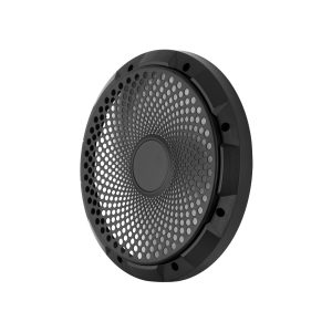 Black circular speaker driver with perforated metal grille and central dust cap.