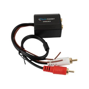 Auto-Connect GISOLRCA automotive RCA adapter with black rectangular module and red and white RCA cables and power leads