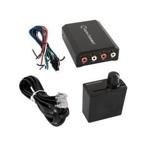 Auto-Connect four-channel RCA speaker adapter with remote volume knob, wiring harness, and RJ-style control cable.