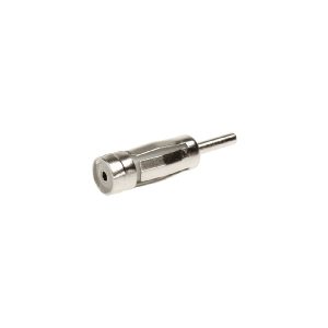 Metal cylindrical connector plug with hollow female end and exposed pin, hexagonal midsection.