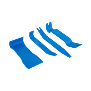 Blue plastic trim removal tool set with four tools featuring curved and forked ends for prying panels.