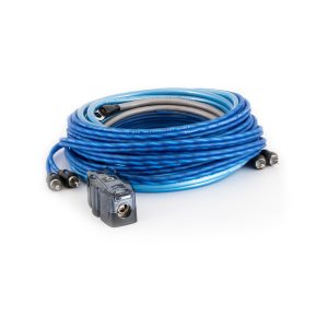 Coiled blue high-performance interconnect cable with gray inline connector and dual barrel ends.