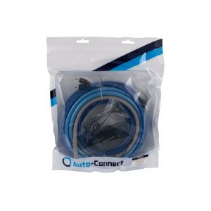 Auto-Connect blue Ethernet cable with RJ45 connectors, coiled in clear plastic packaging