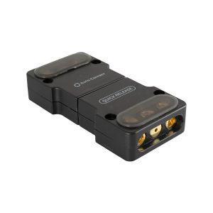 Auto-Connect Quick Release dual-port electrical connector with gold-plated terminals and translucent end caps.