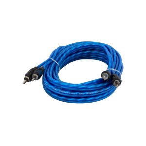 Coiled blue high-performance OFC interconnect cable with bullet-style metal connectors on each end.