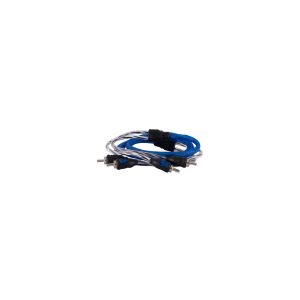 Braided blue and white audio cables with metal plug connectors and ferrite choke beads.