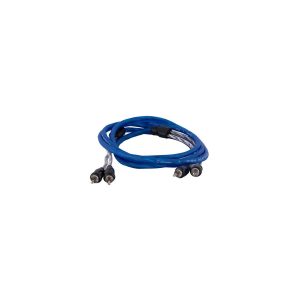 Blue high-performance speaker cable with banana plug connectors on each end.