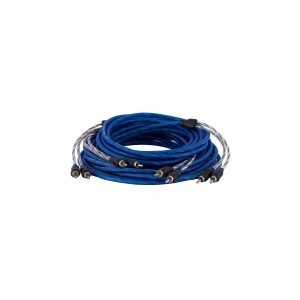 Coiled blue audio cables with braided silver shielding near the connectors and black strain-relief sleeves.