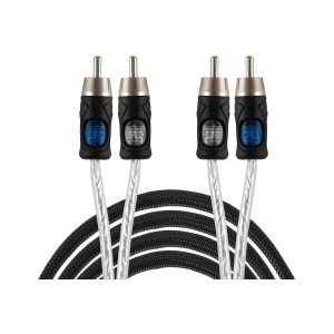 Four RCA audio cables with braided black jackets and blue and gray color-coded connectors.
