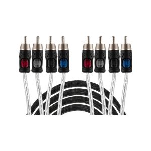 Eight color-coded audio plugs with LED indicator windows on black grips attached to braided transparent cables.