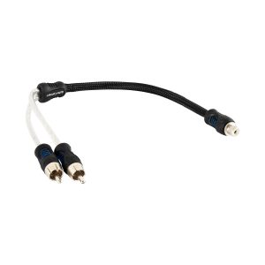 Braided black audio cable with two white RCA connectors on one end and a single connector on the other