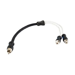 Auto-Connect braided RCA cable with black and white sleeves; one end male RCA, other end two female RCA jacks