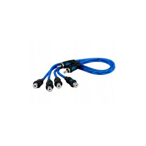 Blue five-way DC power splitter cable with five female barrel connectors