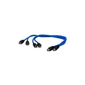 Blue braided RCA audio and video splitter cable with multiple male and female connectors.