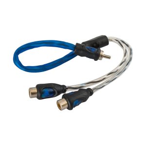 RCA audio splitter cable with one male RCA plug and two female RCA jacks, blue loop and black connectors
