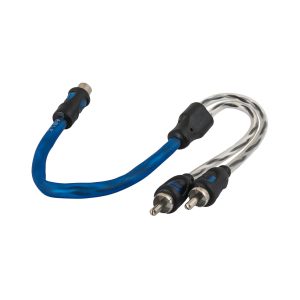 Blue two-conductor audio cable with dual banana plugs on one end and a single bullet connector on the other.