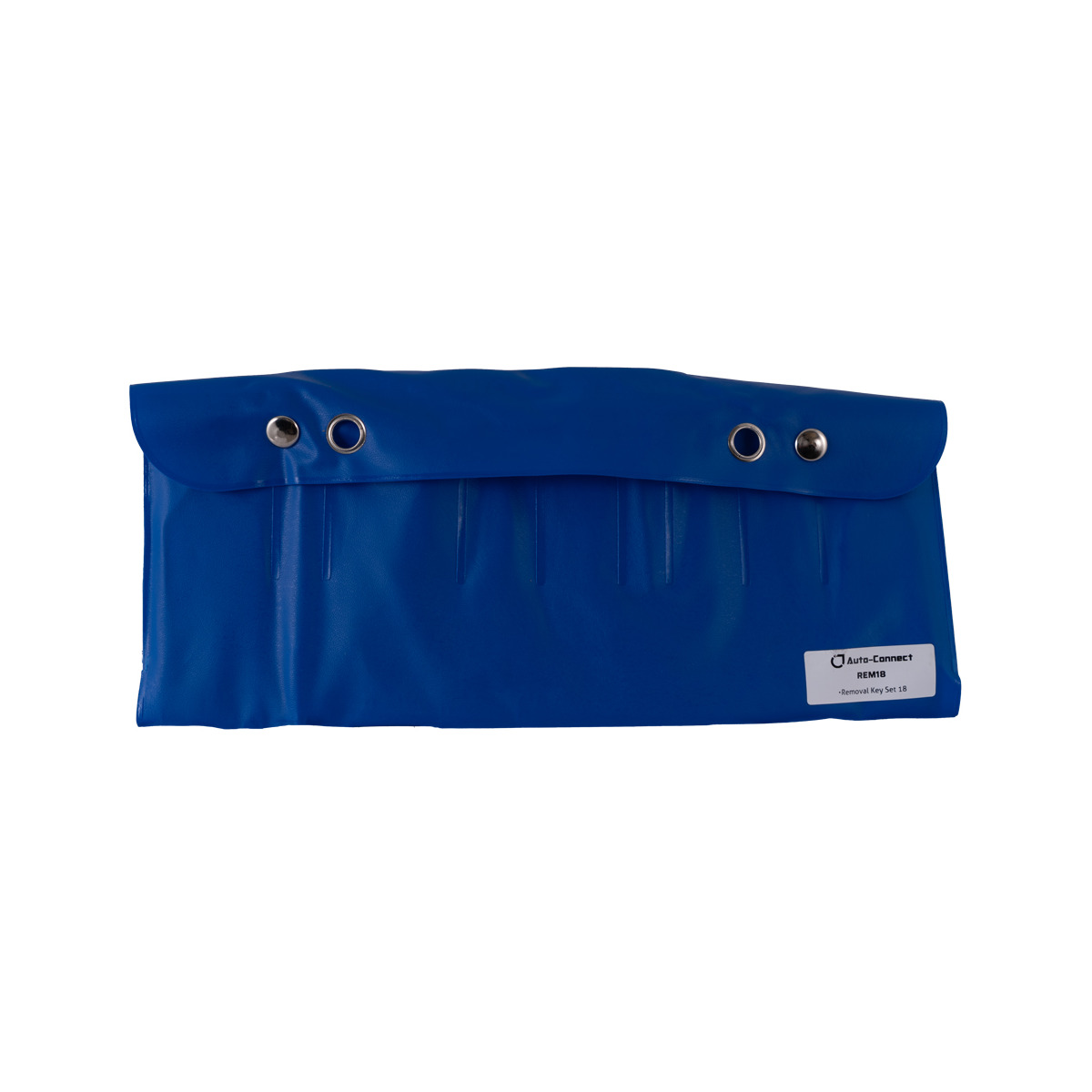 Auto-Connect Rem18 Blue vinyl auto-connect rem18 pouch with flap, metal grommets, and pleated front