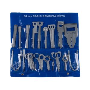 Blue roll-up pouch containing 38-piece car radio removal key set with Pioneer, Kenwood, Sony, and Clarion keys