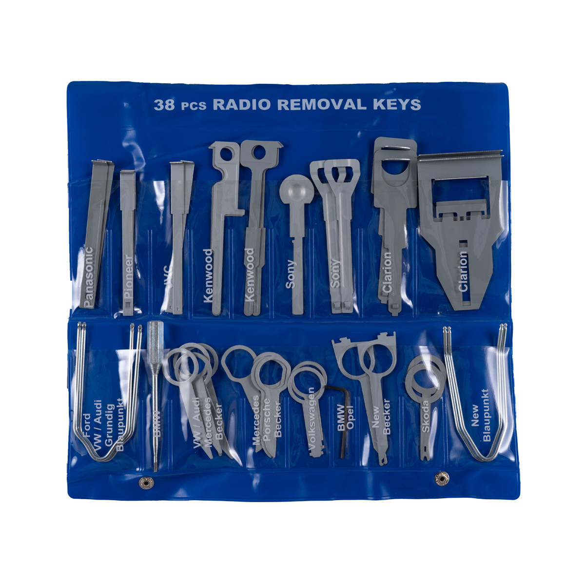 Auto-Connect Rem18 Blue roll-up pouch containing 38-piece car radio removal key set with pioneer, kenwood, sony, and clarion keys
