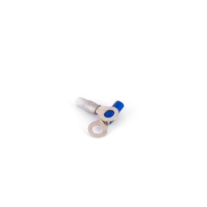 Blue insulated ring terminal crimp connector for electrical wiring with circular lug and metal sleeve.