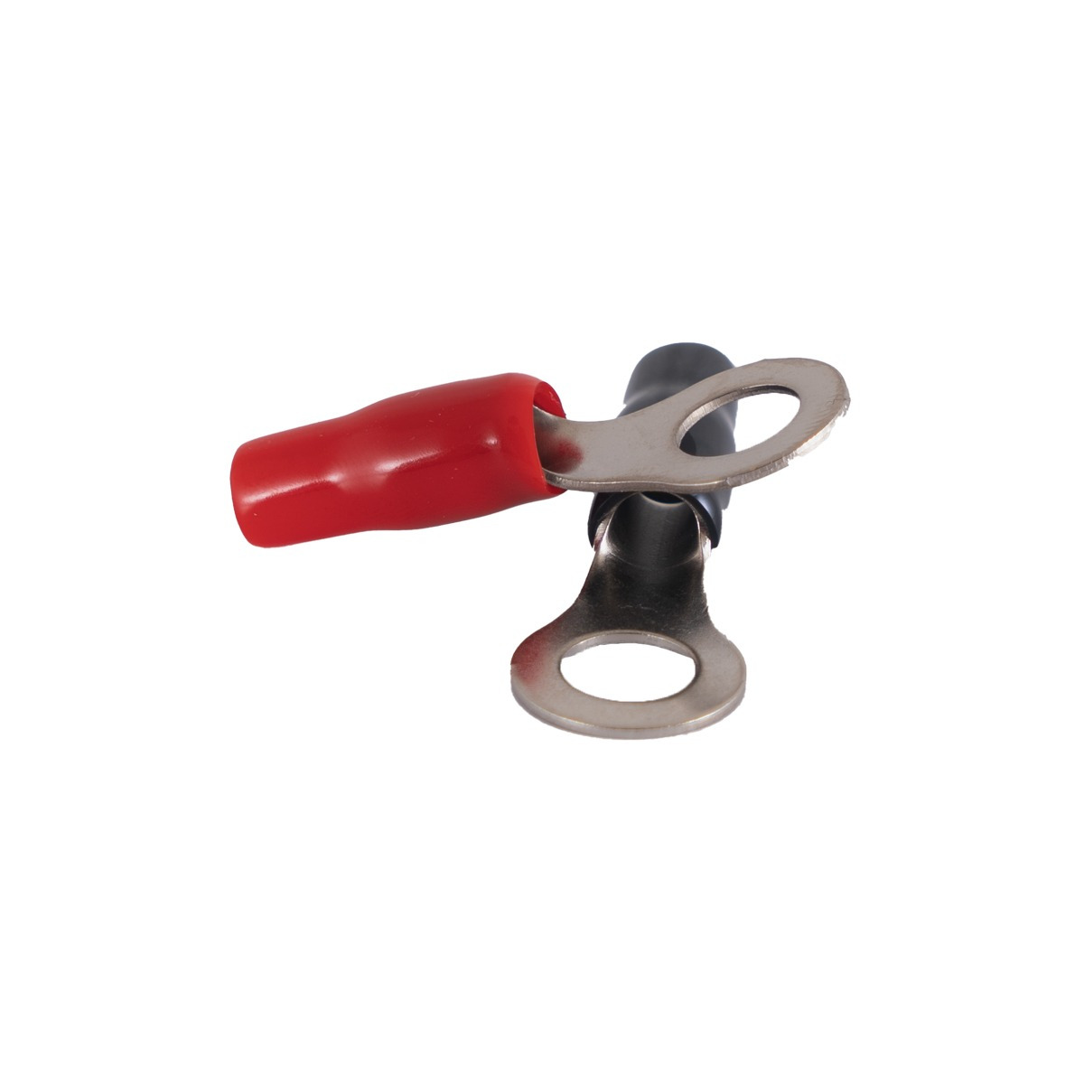 Auto-Connect Rt10Rbl1 Crimp-on insulated ring terminal with red sleeve and two circular lug ends for electrical wiring.
