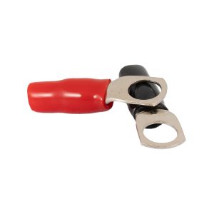 Red insulated crimp-on electrical terminal with silver ring lug and black wire sleeve.