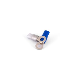 Blue-insulated crimp-on ring terminal with metal lug.