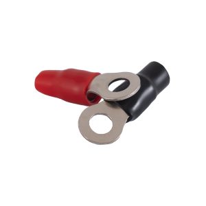 Pair of red and black insulated crimp-on ring terminals with metal circular lugs.