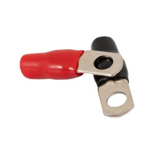 Insulated crimp terminal with red handle and metal lug for electrical connection.