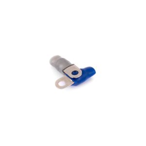 Blue insulated electrical crimp terminal with metal blade contact.
