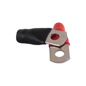 Insulated automotive electrical terminal connector with red boot and metal lug.