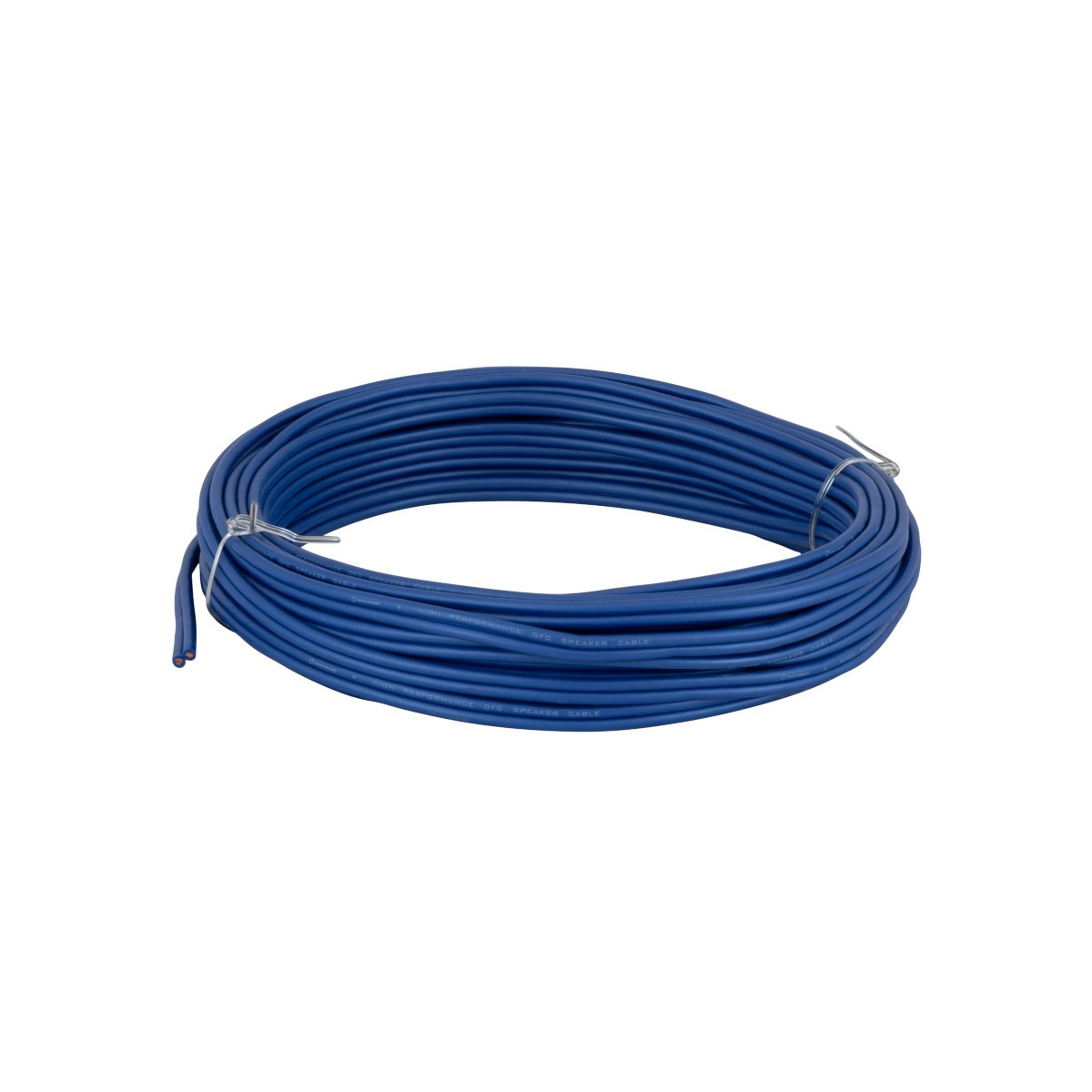 Auto-Connect Sc25510L1 Coiled blue two-conductor speaker cable with exposed copper ends.